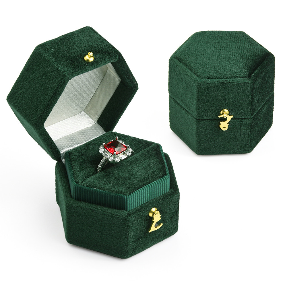 TAIMY Mini Velvet Hexagon Ring Box, Custom Logo & Color Jewelry Box for Weddings, Single Slot Retro Antique Ring Case