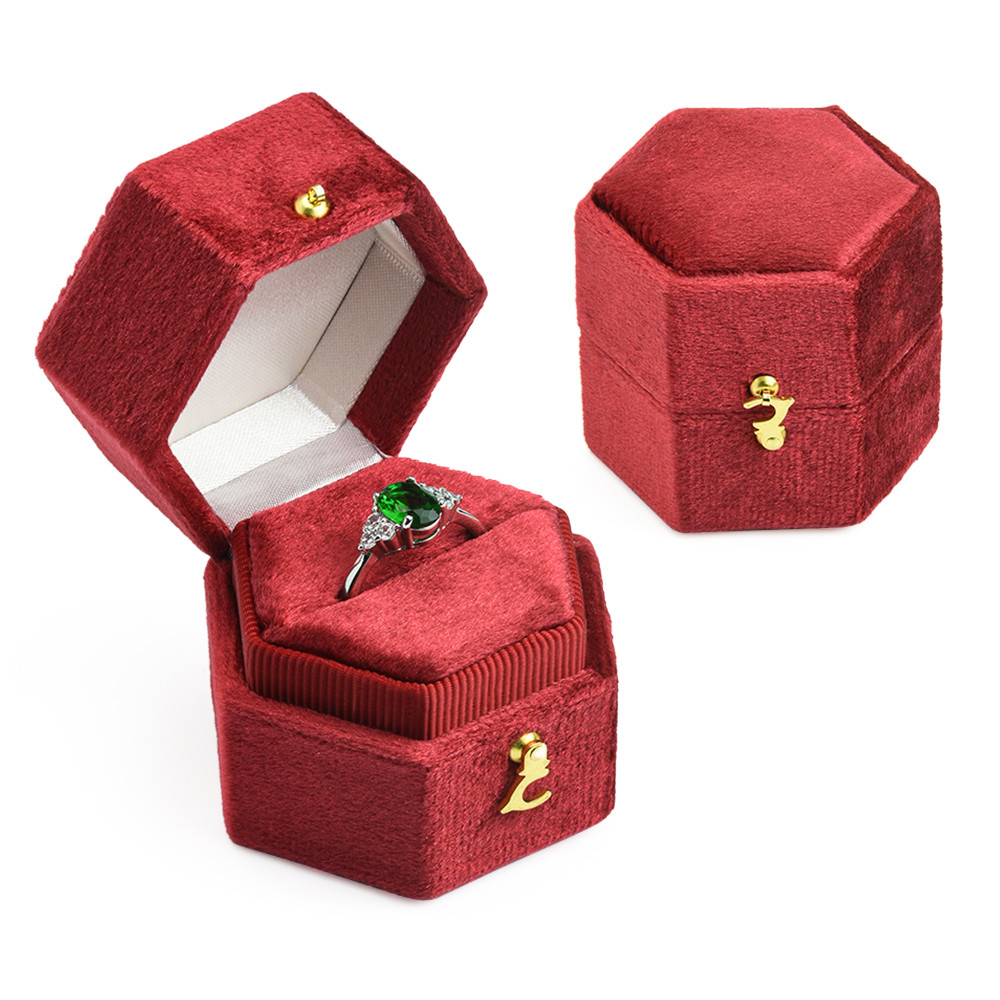TAIMY Mini Velvet Hexagon Ring Box, Custom Logo & Color Jewelry Box for Weddings, Single Slot Retro Antique Ring Case