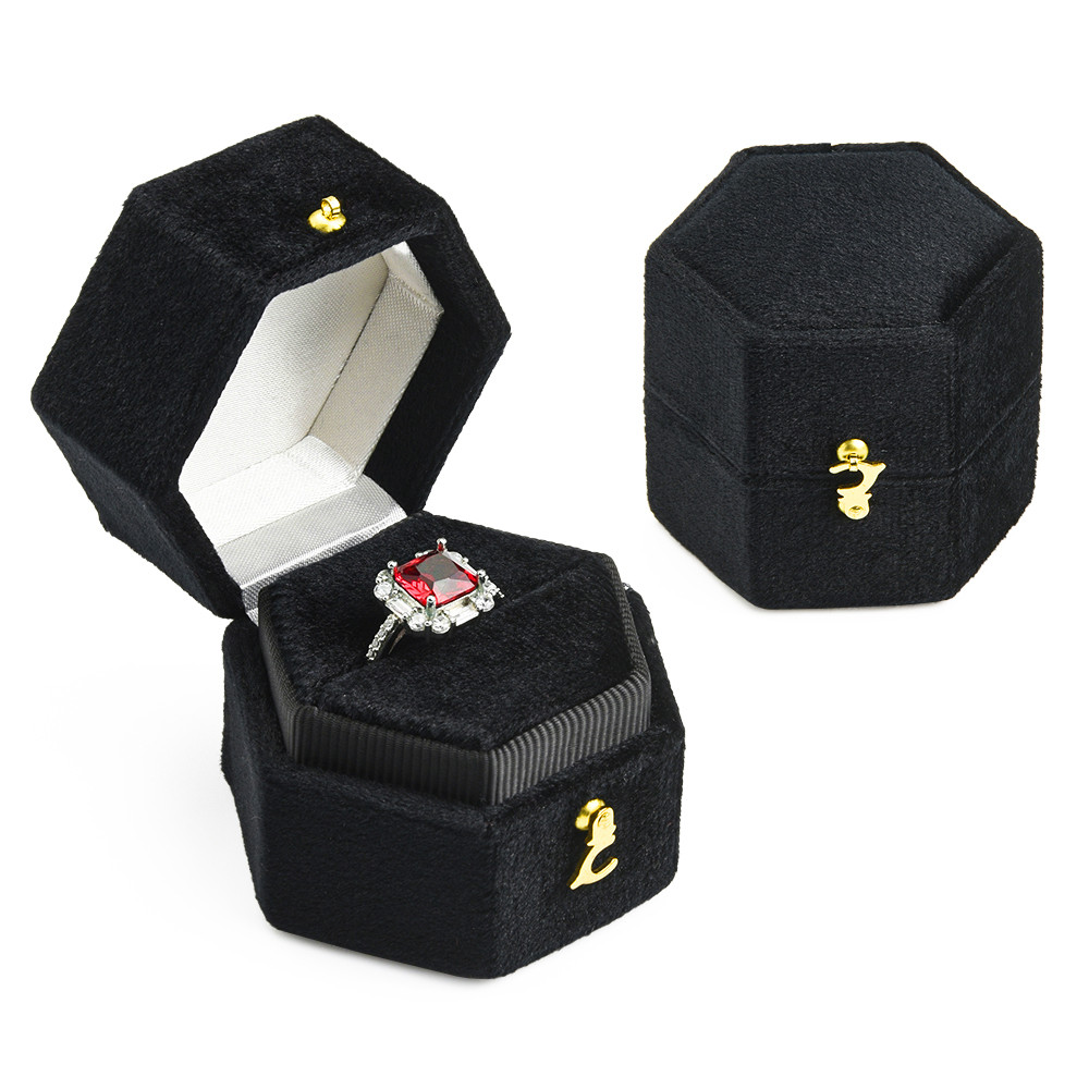 TAIMY Mini Velvet Hexagon Ring Box, Custom Logo & Color Jewelry Box for Weddings, Single Slot Retro Antique Ring Case