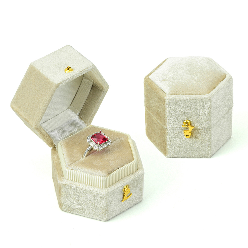 TAIMY Mini Velvet Hexagon Ring Box, Custom Logo & Color Jewelry Box for Weddings, Single Slot Retro Antique Ring Case