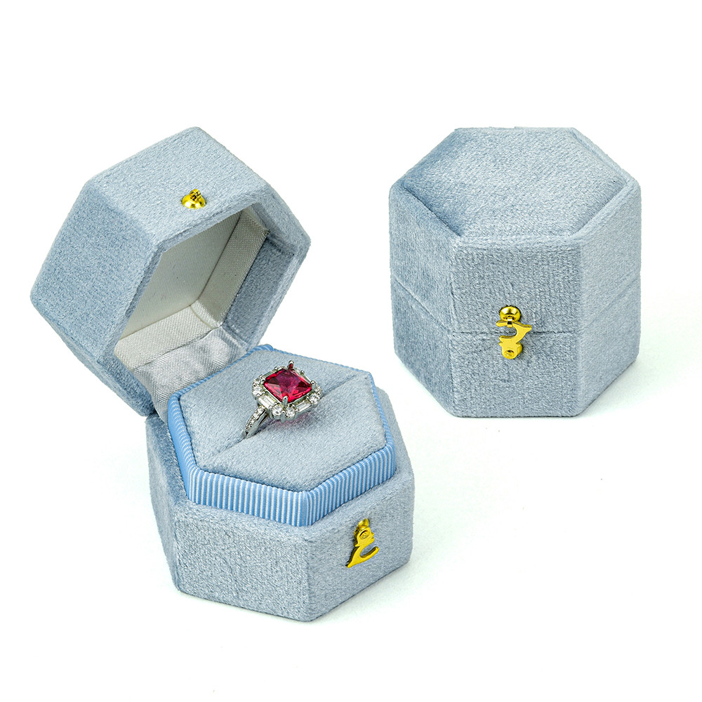 TAIMY Mini Velvet Hexagon Ring Box, Custom Logo & Color Jewelry Box for Weddings, Single Slot Retro Antique Ring Case