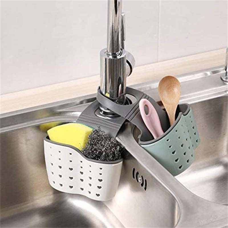 Adjustable Sink Draining Hanging Basket, Rubber Sink Bag, Soap Sponge Shelf & Faucet Holder for Kitchen & Bathroom