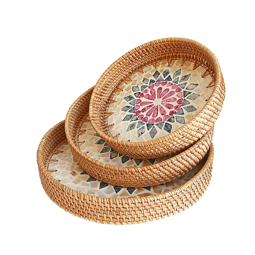 HeMu Colorful Splicing Shell Rattan Storage Basket Set, Hand-Woven Round Tray for Bread, Fruit & Breakfast Display