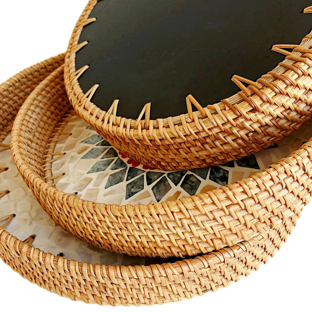 HeMu Colorful Splicing Shell Rattan Storage Basket Set, Hand-Woven Round Tray for Bread, Fruit & Breakfast Display