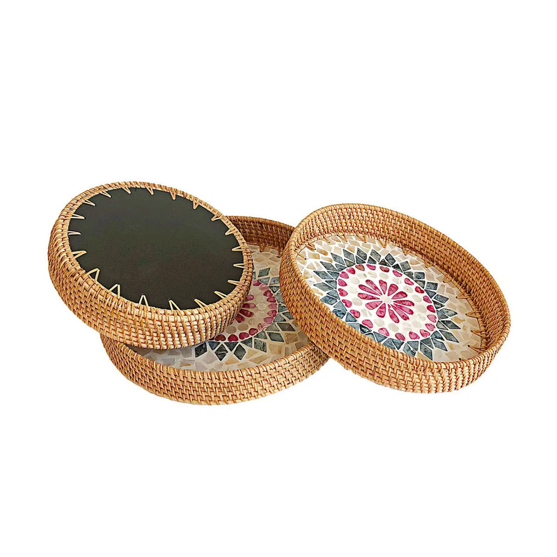 HeMu Colorful Splicing Shell Rattan Storage Basket Set, Hand-Woven Round Tray for Bread, Fruit & Breakfast Display