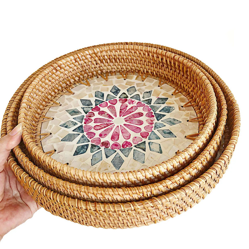 HeMu Colorful Splicing Shell Rattan Storage Basket Set, Hand-Woven Round Tray for Bread, Fruit & Breakfast Display