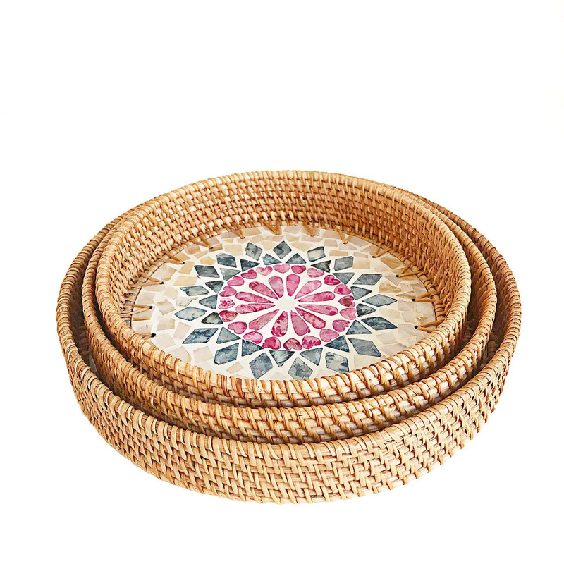 HeMu Colorful Splicing Shell Rattan Storage Basket Set, Hand-Woven Round Tray for Bread, Fruit & Breakfast Display