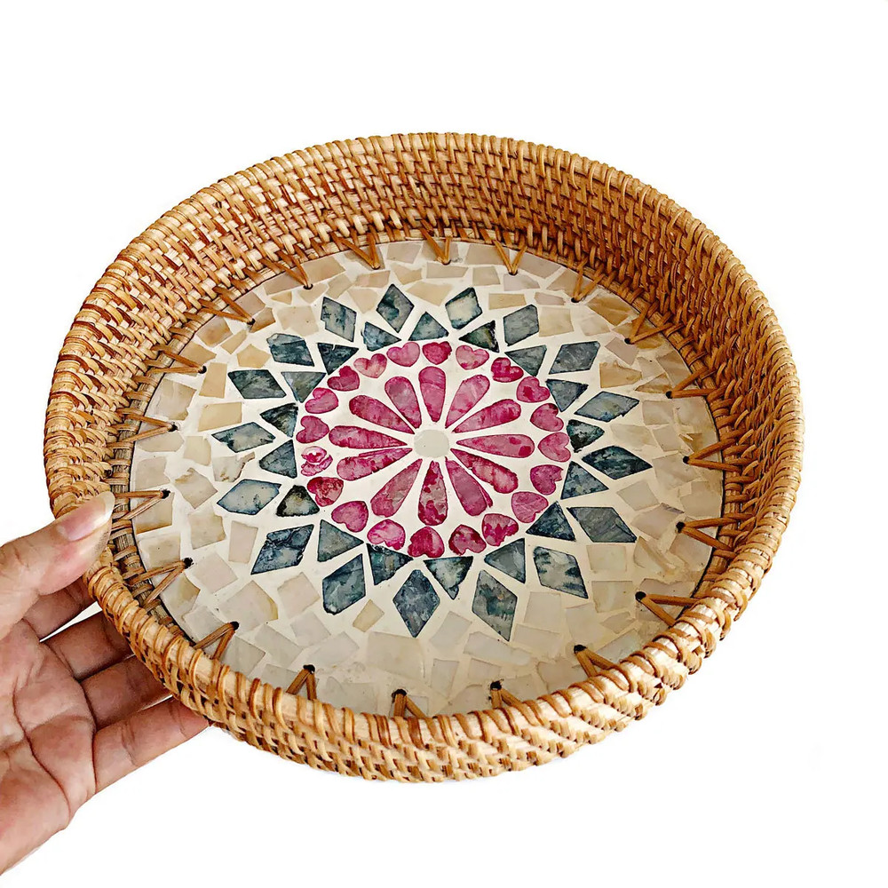 HeMu Colorful Splicing Shell Rattan Storage Basket Set, Hand-Woven Round Tray for Bread, Fruit & Breakfast Display