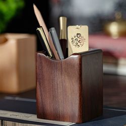 natural walnut pen holder, wooden ink pen storage case for desk, writing stationary organizer, office school supplies