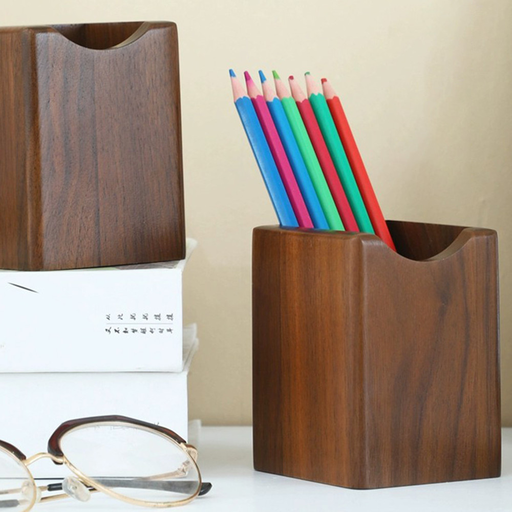 Natural Walnut Pen Holder, Wooden Ink Pen Storage Case for Desk, Writing Stationary Organizer, Office School Supplies