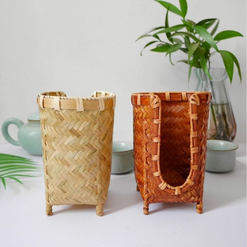 Handmade Bamboo Woven Cup Holder Rack, Retro Tea Cup Storage Basket, Space-Saving Japanese Style Paper Cup Dispenser