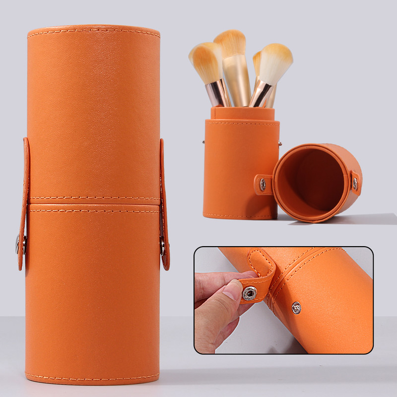 Luxury High-End Orange Makeup Brush Storage Bucket, Premium Leather Makeup Bucket for Travel, Large Capacity Beauty Tool