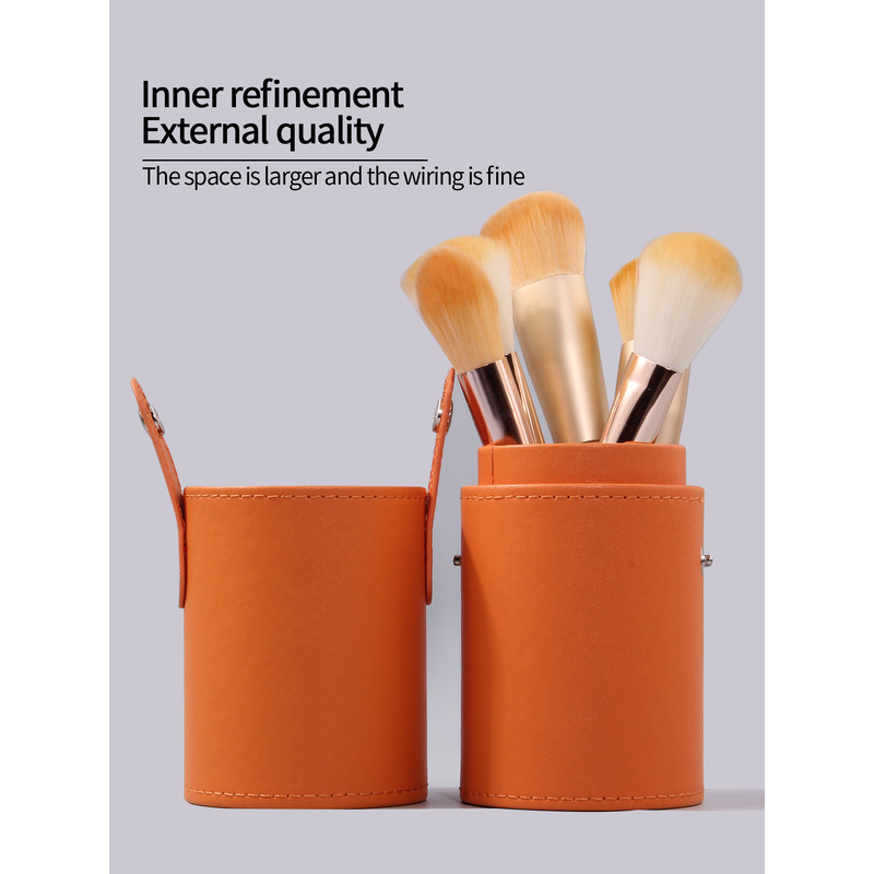 Luxury High-End Orange Makeup Brush Storage Bucket, Premium Leather Makeup Bucket for Travel, Large Capacity Beauty Tool