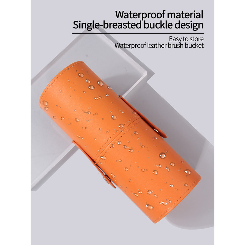 Luxury High-End Orange Makeup Brush Storage Bucket, Premium Leather Makeup Bucket for Travel, Large Capacity Beauty Tool