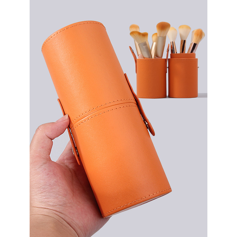 Luxury High-End Orange Makeup Brush Storage Bucket, Premium Leather Makeup Bucket for Travel, Large Capacity Beauty Tool