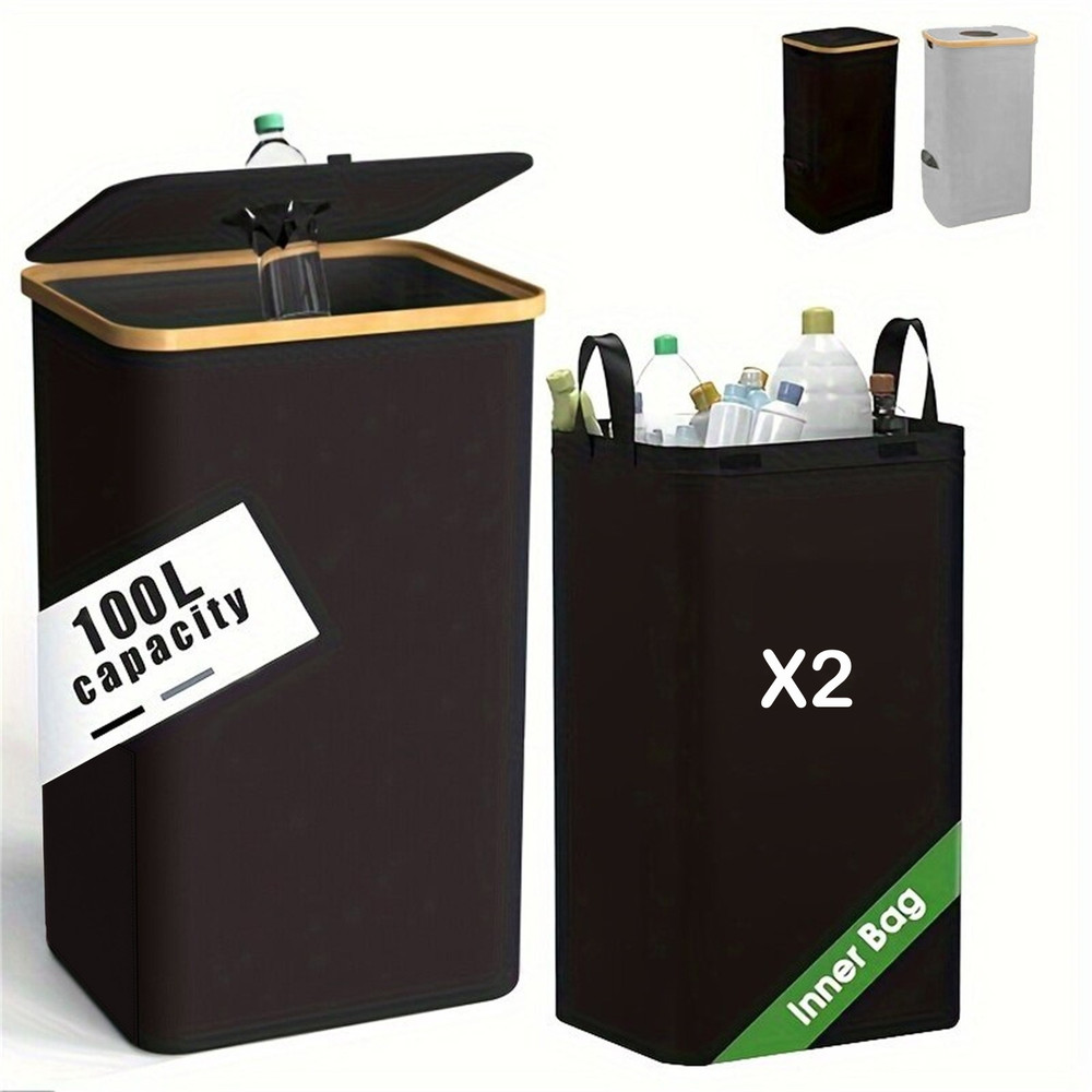 100L Bottle Storage Basket Recycling Bin with 2pcs Waterproof Lid, Removable Bag, Ideal for Plastic, Glass, Can Bottle