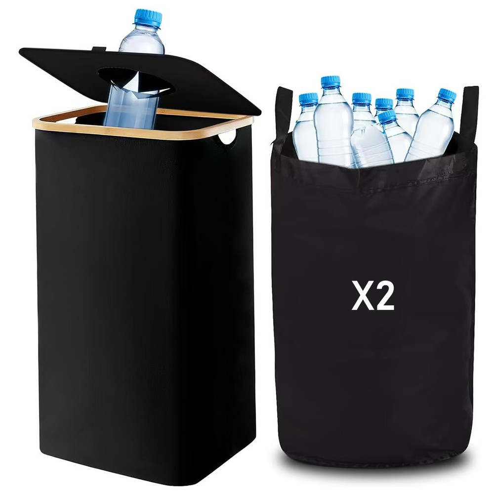 100L Bottle Storage Basket Recycling Bin with 2pcs Waterproof Lid, Removable Bag, Ideal for Plastic, Glass, Can Bottle