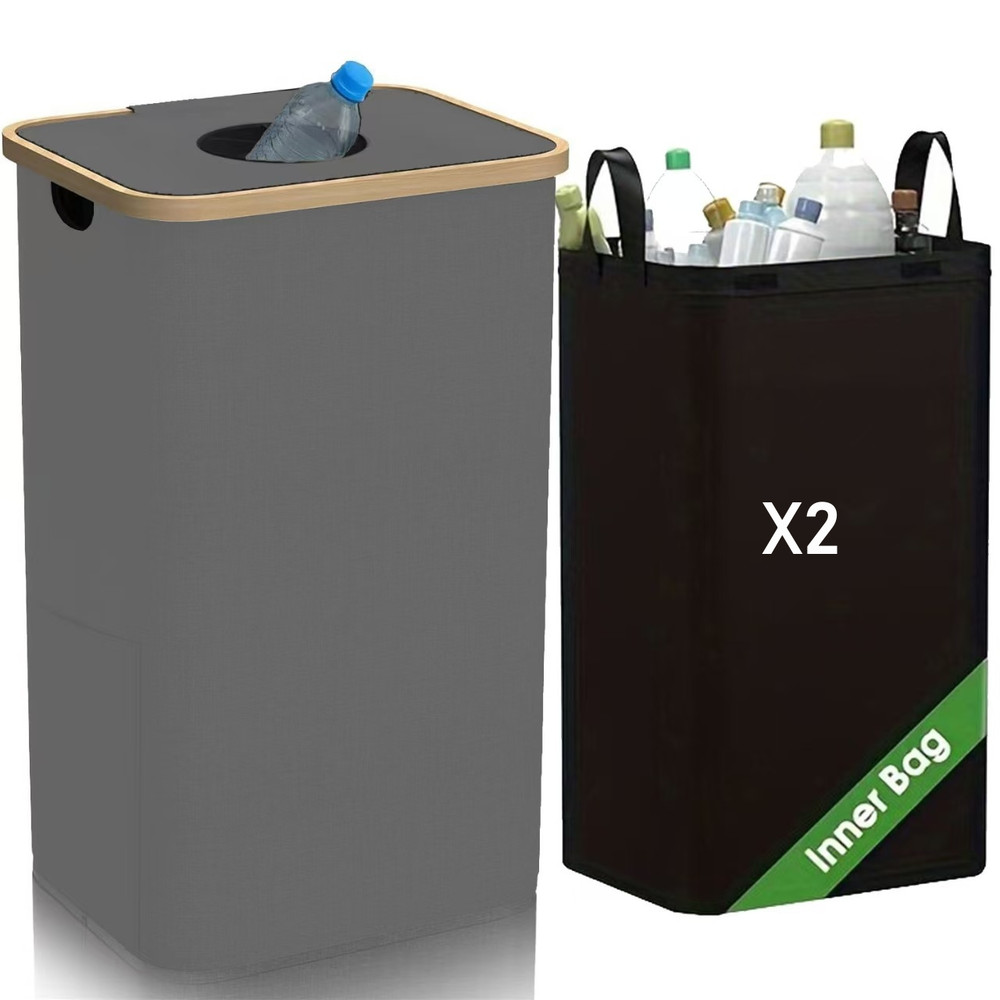100L Bottle Storage Basket Recycling Bin with 2pcs Waterproof Lid, Removable Bag, Ideal for Plastic, Glass, Can Bottle