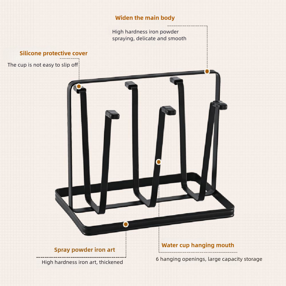 1Pcs 6 Cup Glass Drying Rack, Non-Slip Cup Organizer for Mugs, Glasses, Bottles, Sturdy Metal Holder with Silicone Hooks