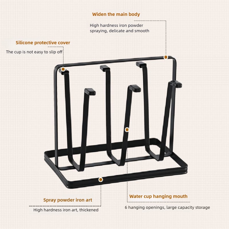 1Pcs 6 Cup Glass Drying Rack, Non-Slip Cup Organizer for Mugs, Glasses, Bottles, Sturdy Metal Holder with Silicone Hooks