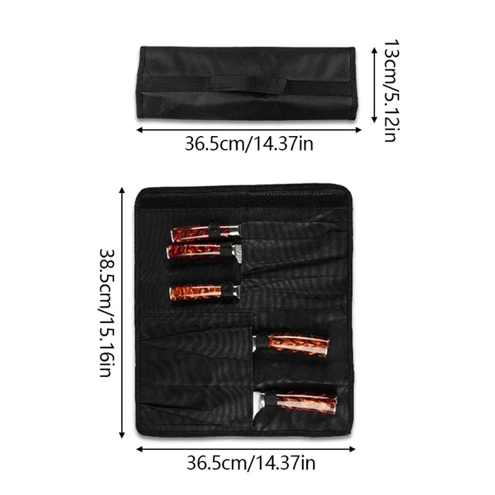 Black Chef Knife Roll Bag, 5 Pocket Portable Carry Case for Kitchen Knives Durable Oxford Storage Bag with Punch Design