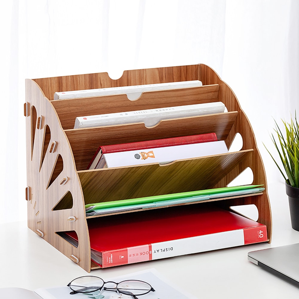Wooden Fan Multilayer Standing Test Paper Tray Vertical Organizer File Rack Data Storage Office Sta 6