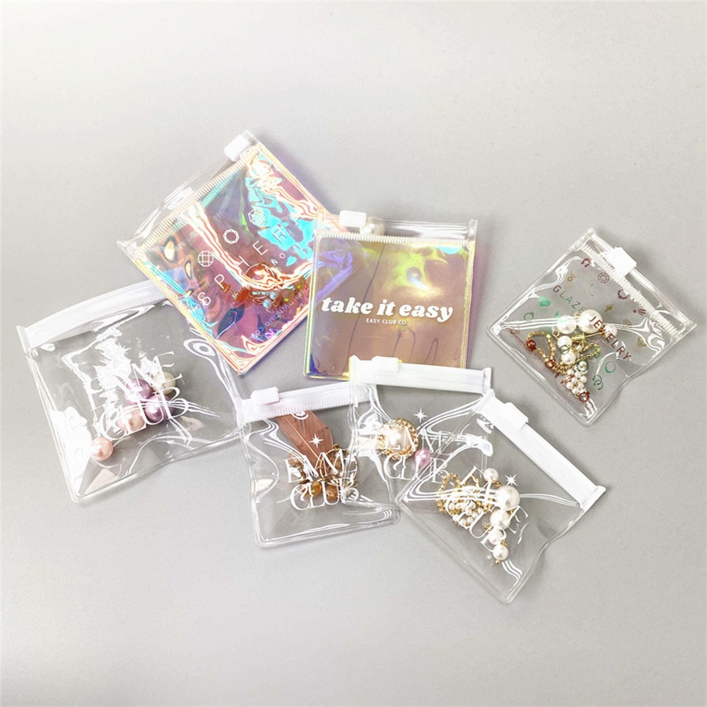 PVC Plastic Zipper Clear Jewelry Storage Bag with Logo, Mini Ziplock Laser Holographic Pouch for Ring Earrings Package