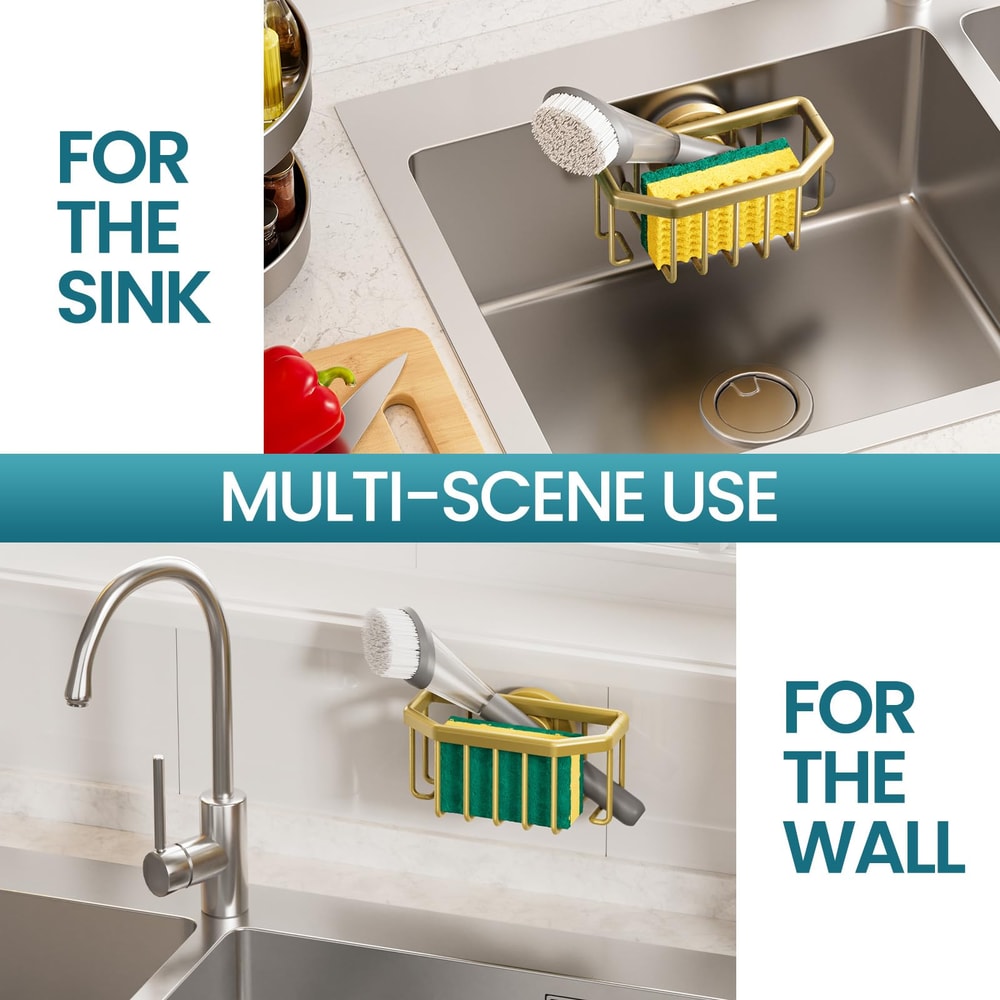 TAILI Sponge Holder for Kitchen Sink, Strong Suction Cup, Removable, Rustproof Aluminum Sink Caddy for Sponge Brush