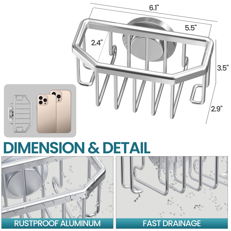 TAILI Sponge Holder for Kitchen Sink, Strong Suction Cup, Removable, Rustproof Aluminum Sink Caddy for Sponge Brush