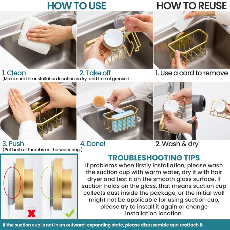 TAILI Sponge Holder for Kitchen Sink, Strong Suction Cup, Removable, Rustproof Aluminum Sink Caddy for Sponge Brush