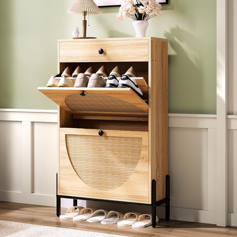 Bohemian Shoe Cabinet with 2 Flip Drawers, Free Standing Shoe Storage Organizer with Rattan Doors for Entryway