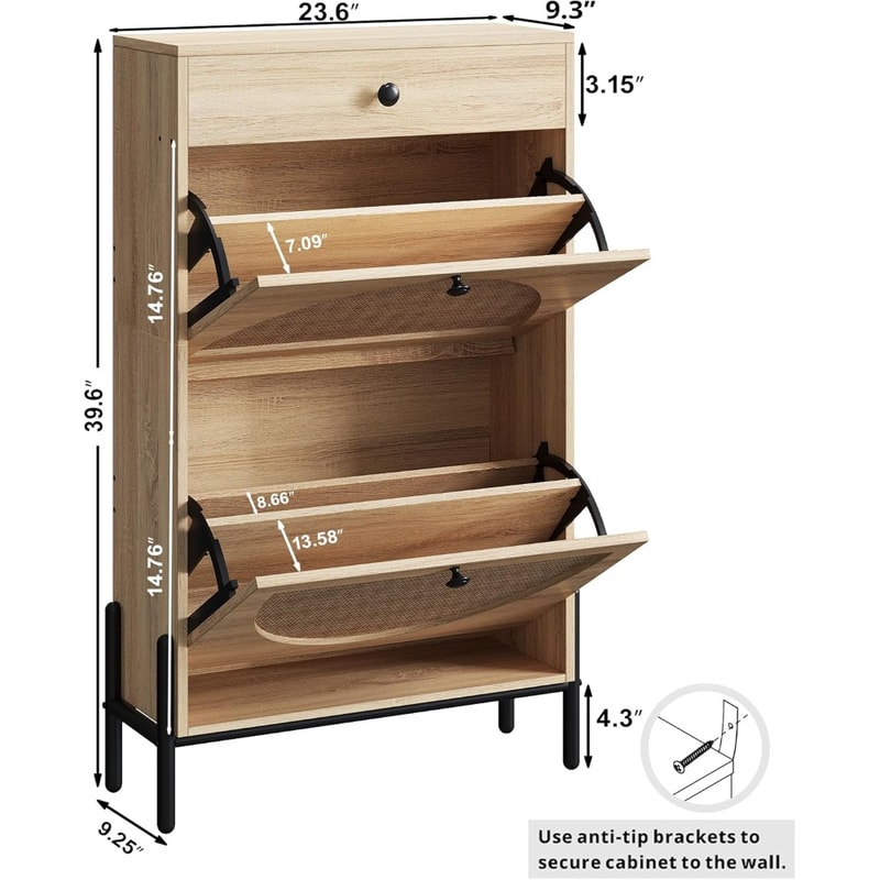 Bohemian Shoe Cabinet with 2 Flip Drawers, Free Standing Shoe Storage Organizer with Rattan Doors for Entryway