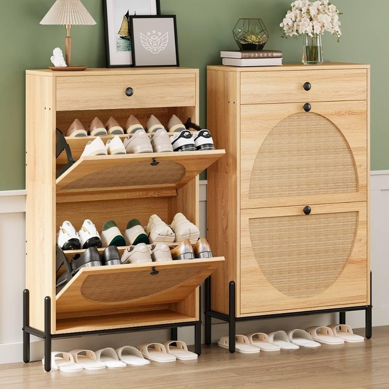 Bohemian Shoe Cabinet with 2 Flip Drawers, Free Standing Shoe Storage Organizer with Rattan Doors for Entryway
