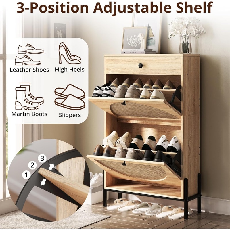 Bohemian Shoe Cabinet with 2 Flip Drawers, Free Standing Shoe Storage Organizer with Rattan Doors for Entryway