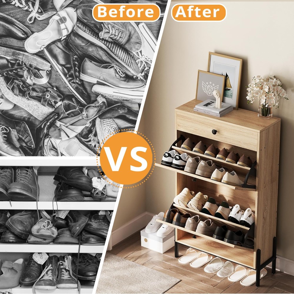 Bohemian Shoe Cabinet with 2 Flip Drawers, Free Standing Shoe Storage Organizer with Rattan Doors for Entryway