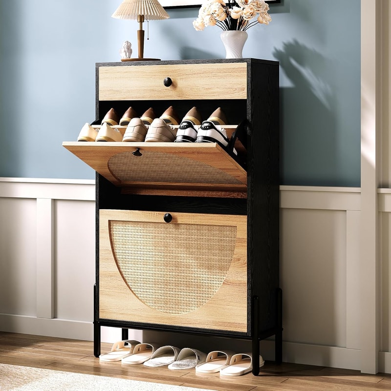 Bohemian Shoe Cabinet with 2 Flip Drawers, Free Standing Shoe Storage Organizer with Rattan Doors for Entryway