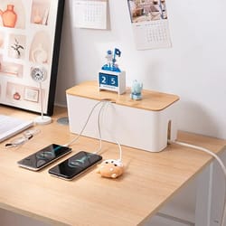 wooden cable storage box, dustproof power line organizer, charger socket, wire case, home cable winder, storage case