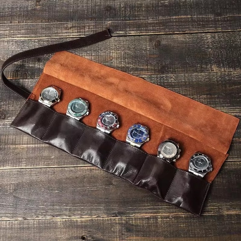 Premium High End Cowhide Leather Portable Watch Storage Bag, Travel Friendly Watch Box for Men, Womens Watch Collection