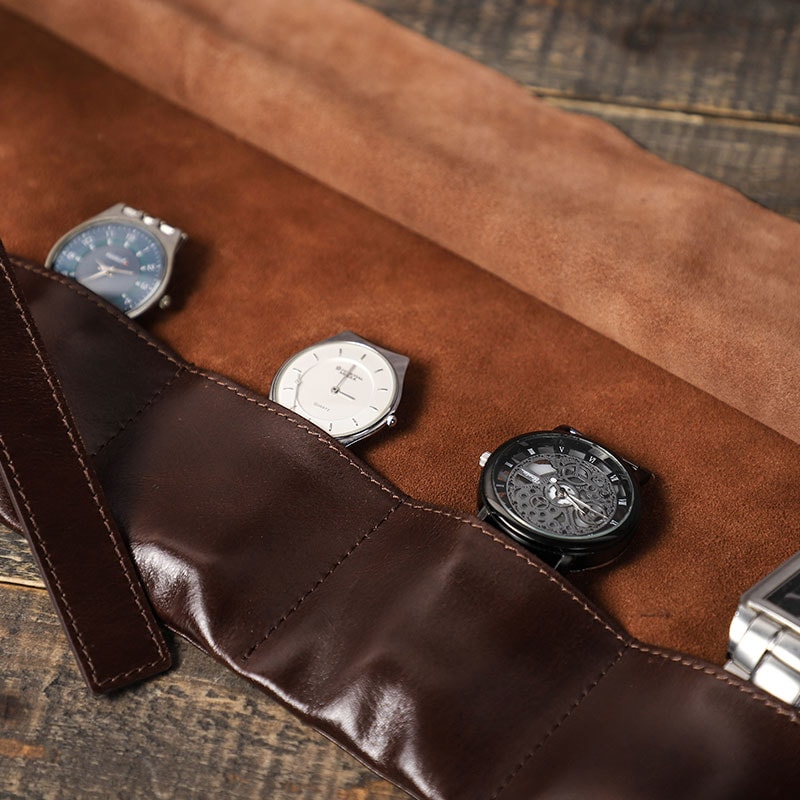 Premium High End Cowhide Leather Portable Watch Storage Bag, Travel Friendly Watch Box for Men, Womens Watch Collection