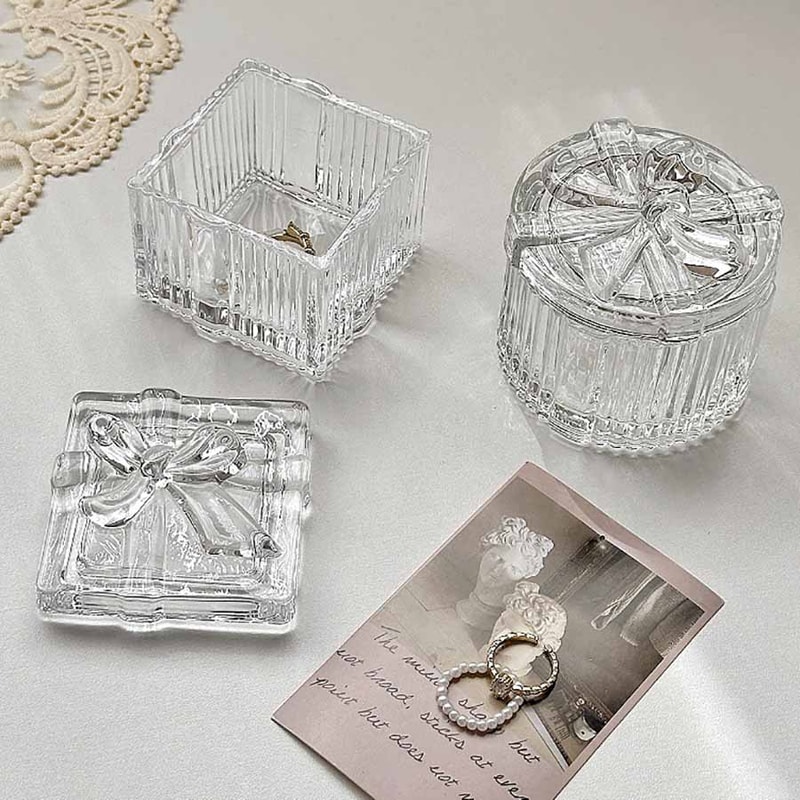 Bowknot Crystal Glass Jewelry Storage Box, Transparent Exquisite Organizer Multifunctional Home Decor for Dressing Table