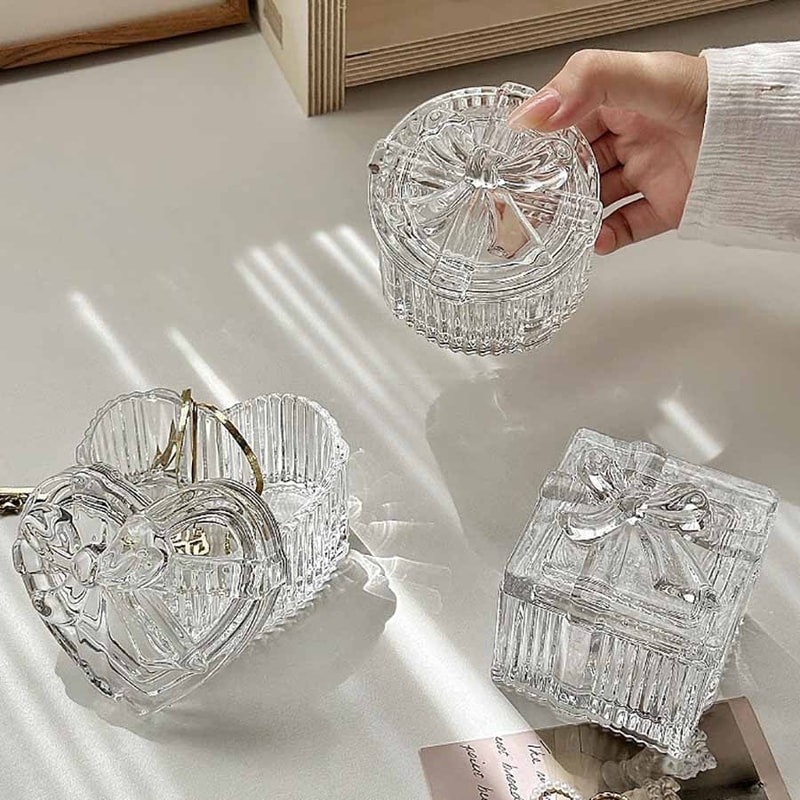 Bowknot Crystal Glass Jewelry Storage Box, Transparent Exquisite Organizer Multifunctional Home Decor for Dressing Table
