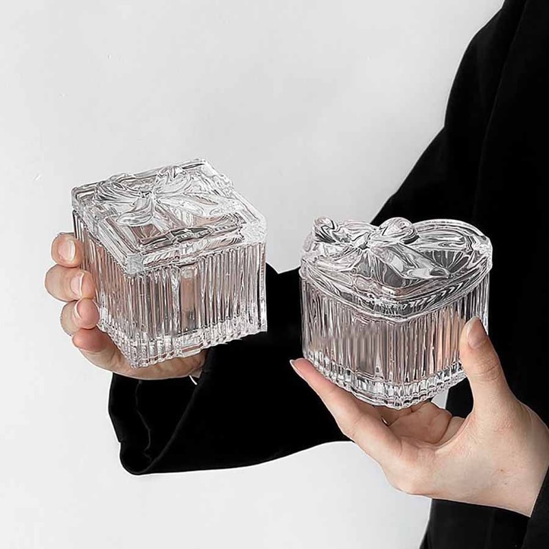 Bowknot Crystal Glass Jewelry Storage Box, Transparent Exquisite Organizer Multifunctional Home Decor for Dressing Table