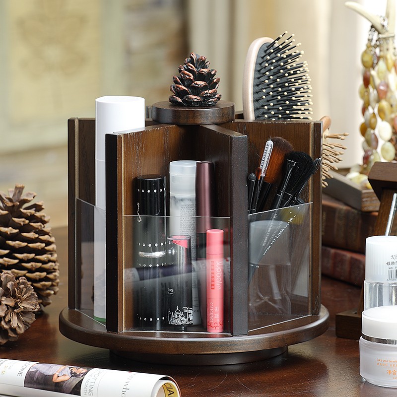 Wooden Vintage Rotating Makeup Dresser, Storage Box with Parts Drawer, Spinning Rack for Cosmetics, Jewelry