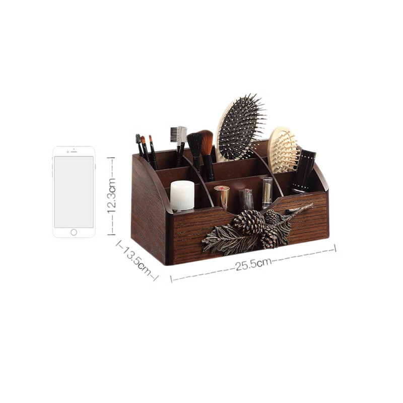 Wooden Vintage Rotating Makeup Dresser, Storage Box with Parts Drawer, Spinning Rack for Cosmetics, Jewelry