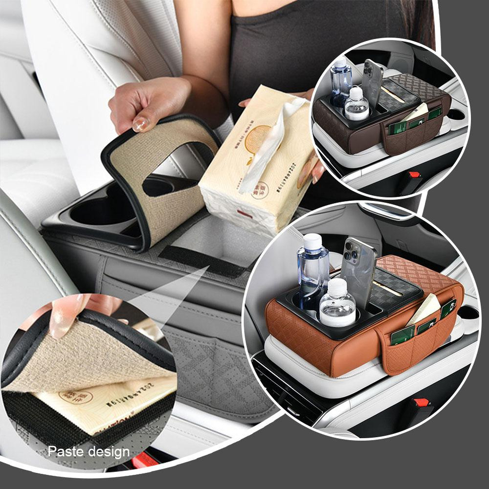 Multi-Pocket Car Arm Rest Cushion, Center Console Cushion with Cup Holder, Tissue Storage, Elbow Support Pad