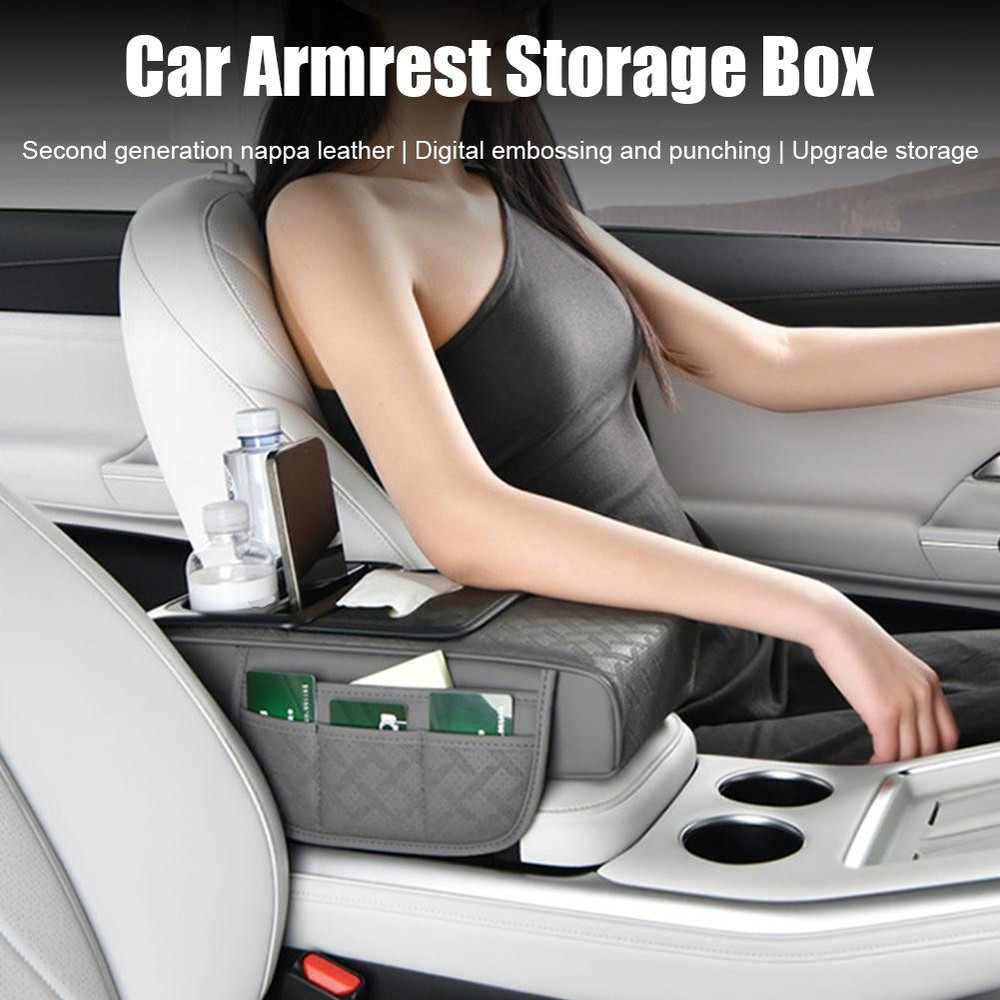 Multi-Pocket Car Arm Rest Cushion, Center Console Cushion with Cup Holder, Tissue Storage, Elbow Support Pad
