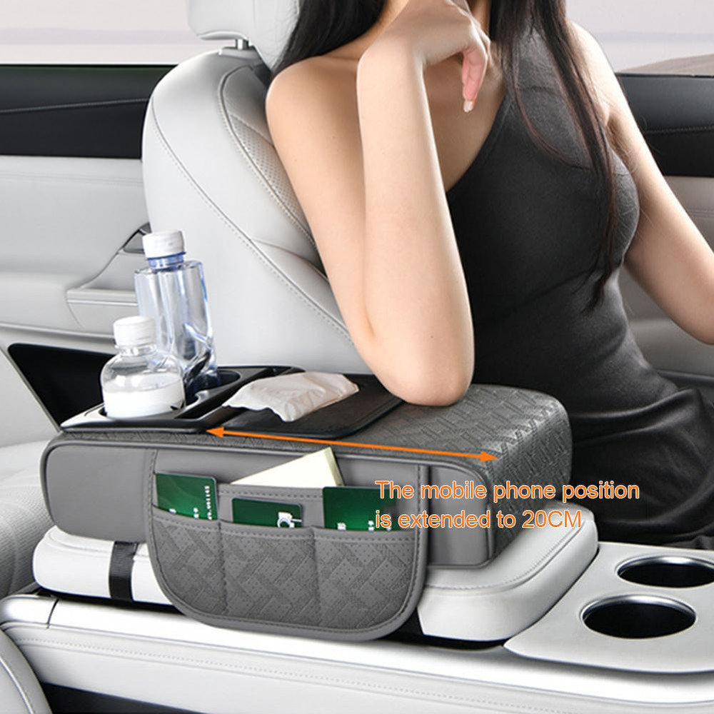 Multi-Pocket Car Arm Rest Cushion, Center Console Cushion with Cup Holder, Tissue Storage, Elbow Support Pad