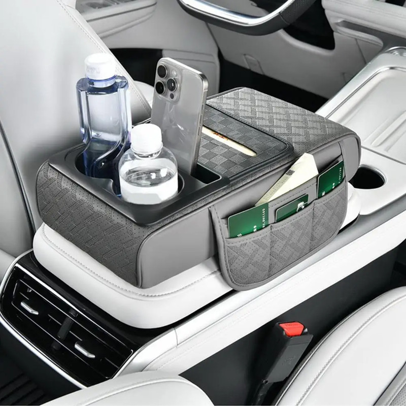 Multi-Pocket Car Arm Rest Cushion, Center Console Cushion with Cup Holder, Tissue Storage, Elbow Support Pad