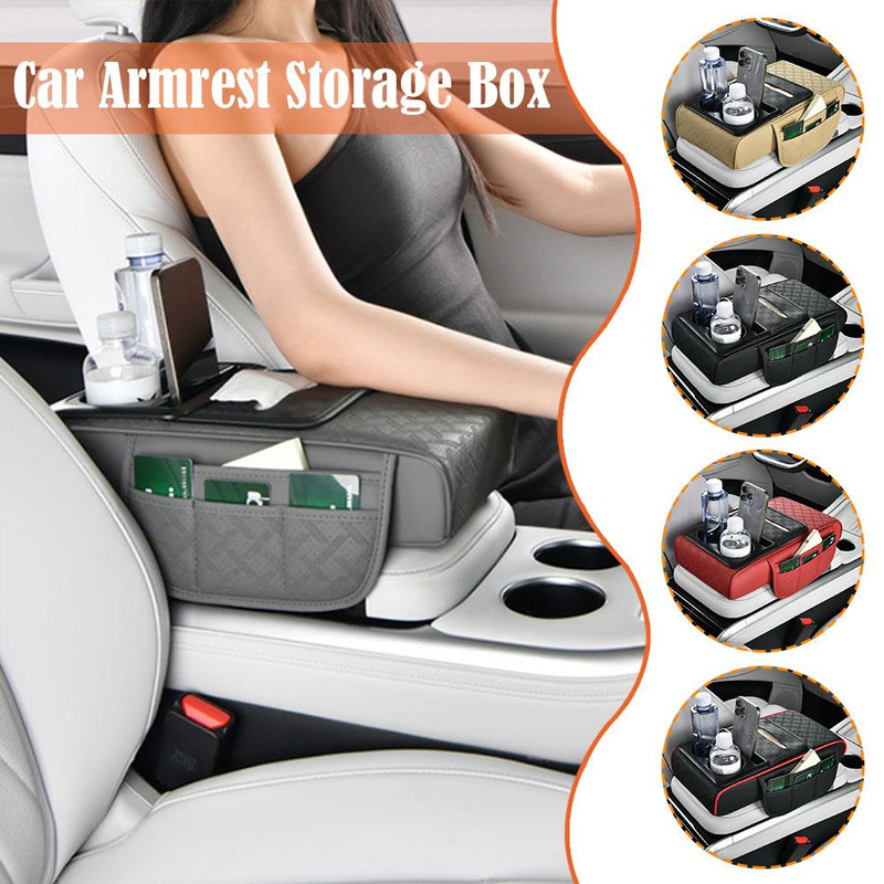 Multi-Pocket Car Arm Rest Cushion, Center Console Cushion with Cup Holder, Tissue Storage, Elbow Support Pad