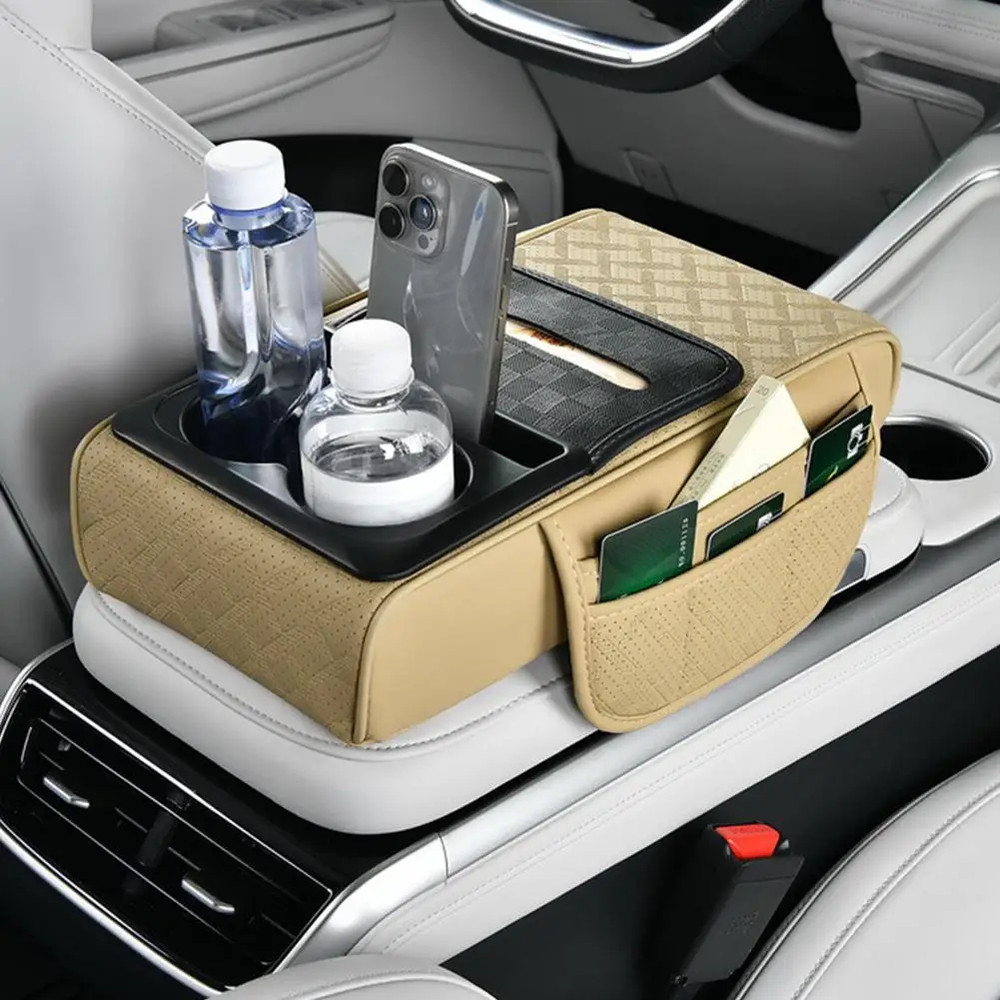 Multi-Pocket Car Arm Rest Cushion, Center Console Cushion with Cup Holder, Tissue Storage, Elbow Support Pad